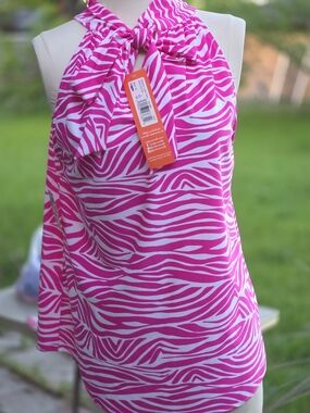 Jude Connally Pink and White Zebra Halter Tie Neck Top